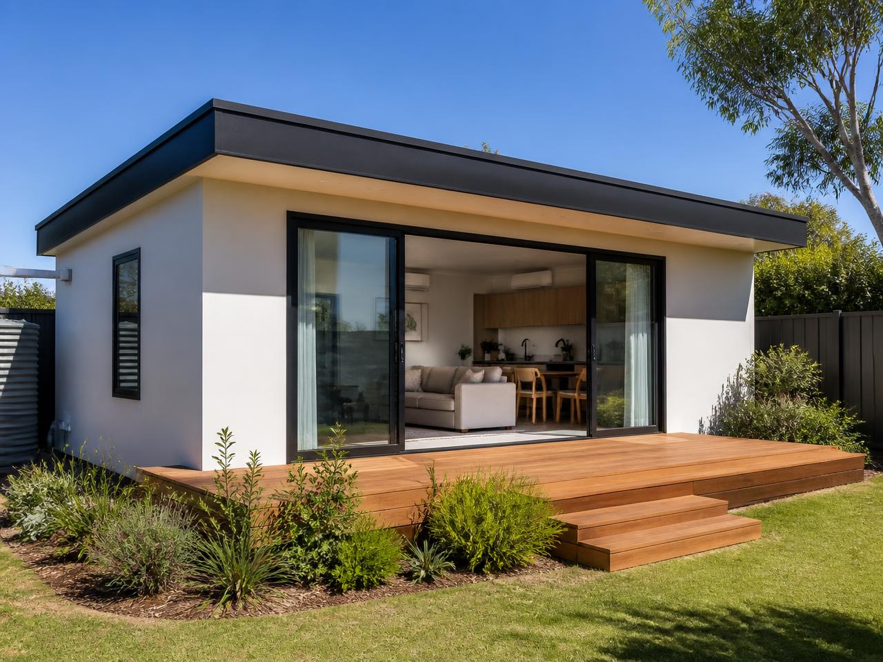 Modern single-storey granny flat with light cladding, dark roofline and timber deck in a WA backyard