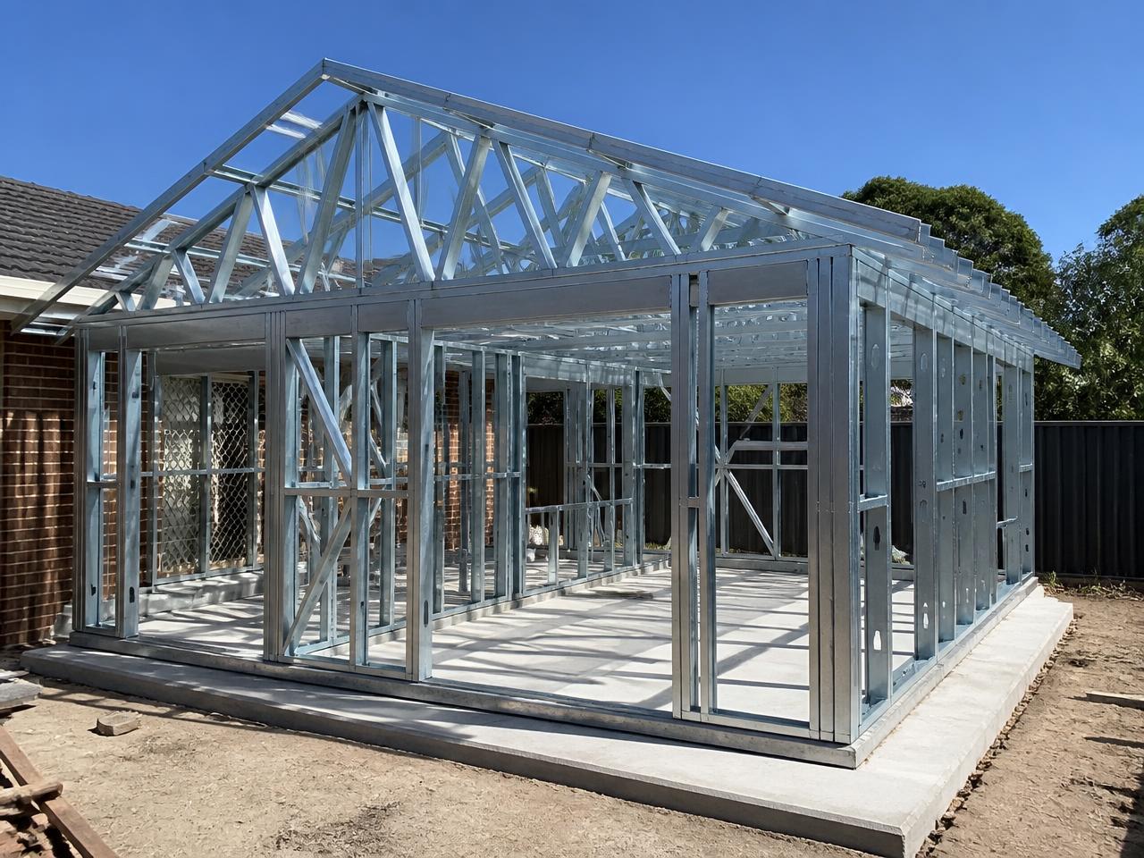 Light-gauge steel frame for a small dwelling standing on a slab in a residential backyard